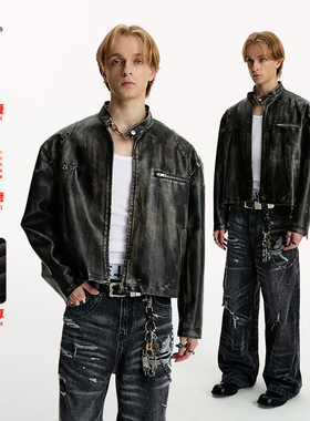 8FF/25SS王星越同款美式复古立领机车夹克宽松做旧短款皮衣外套潮