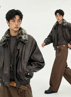 8FF大不相同/美式毛领外套美式加厚皮衣保暖棉服冬季复古机车棉衣