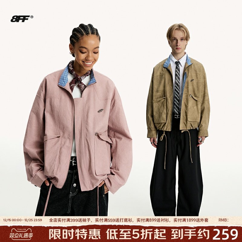 8FF/25AW 做旧复古格纹宽松夹克休闲情侣立领短款外套巴恩风夹克