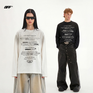 8FF【左奇函同款】海报印花水洗做旧长袖T恤宽松重磅泥染渐变上衣