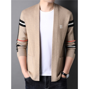 伦巴宝利娇羊毛针织衫毛衣男士条纹休闲时尚宽松针织开衫外套男装