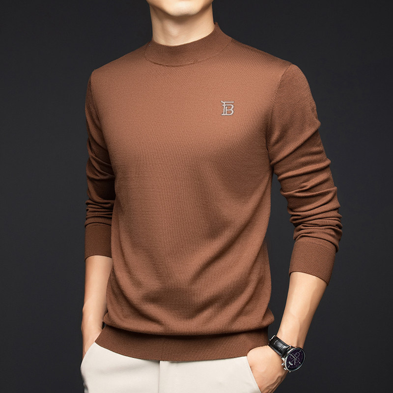 冬季英伦巴宝利娇精纺羊毛衫男士纯色半高领圆领抗起球薄款打底衫