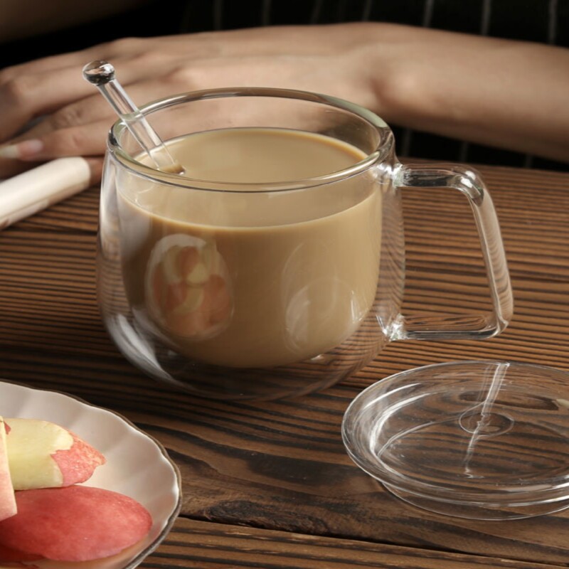 耐热双层加厚玻璃咖啡杯带盖带勺大容量透明玻璃果汁杯咖啡杯玻璃