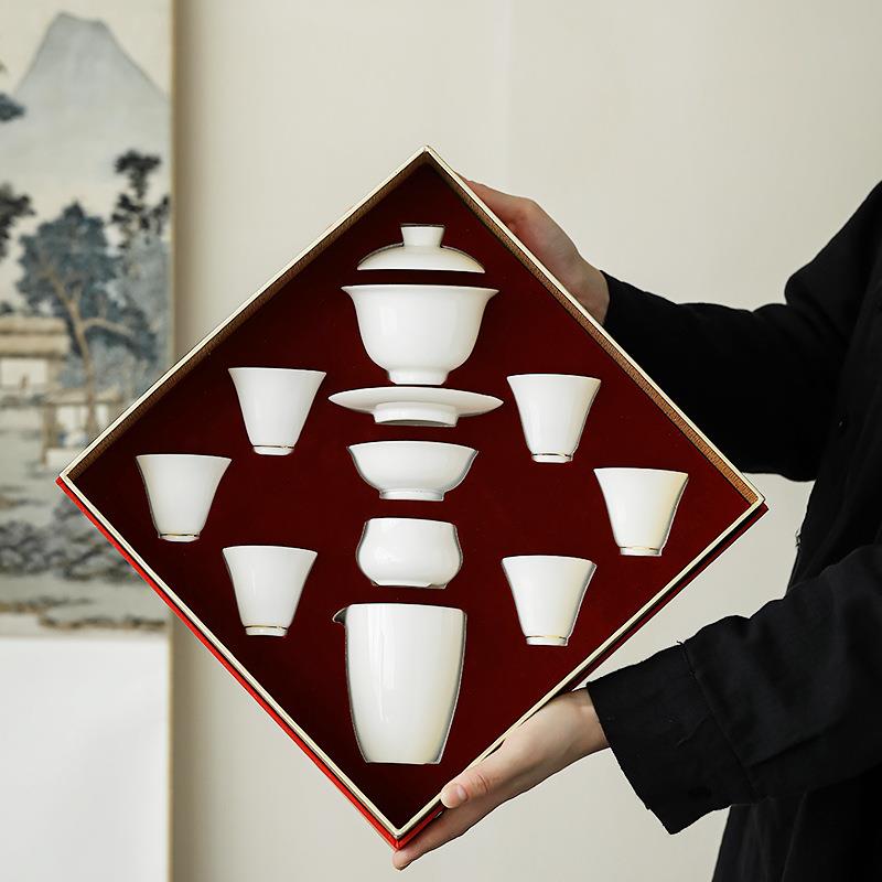 冰种玉瓷简约茶具家用办公室送礼瓷器白瓷羊脂玉盖碗茶杯套组