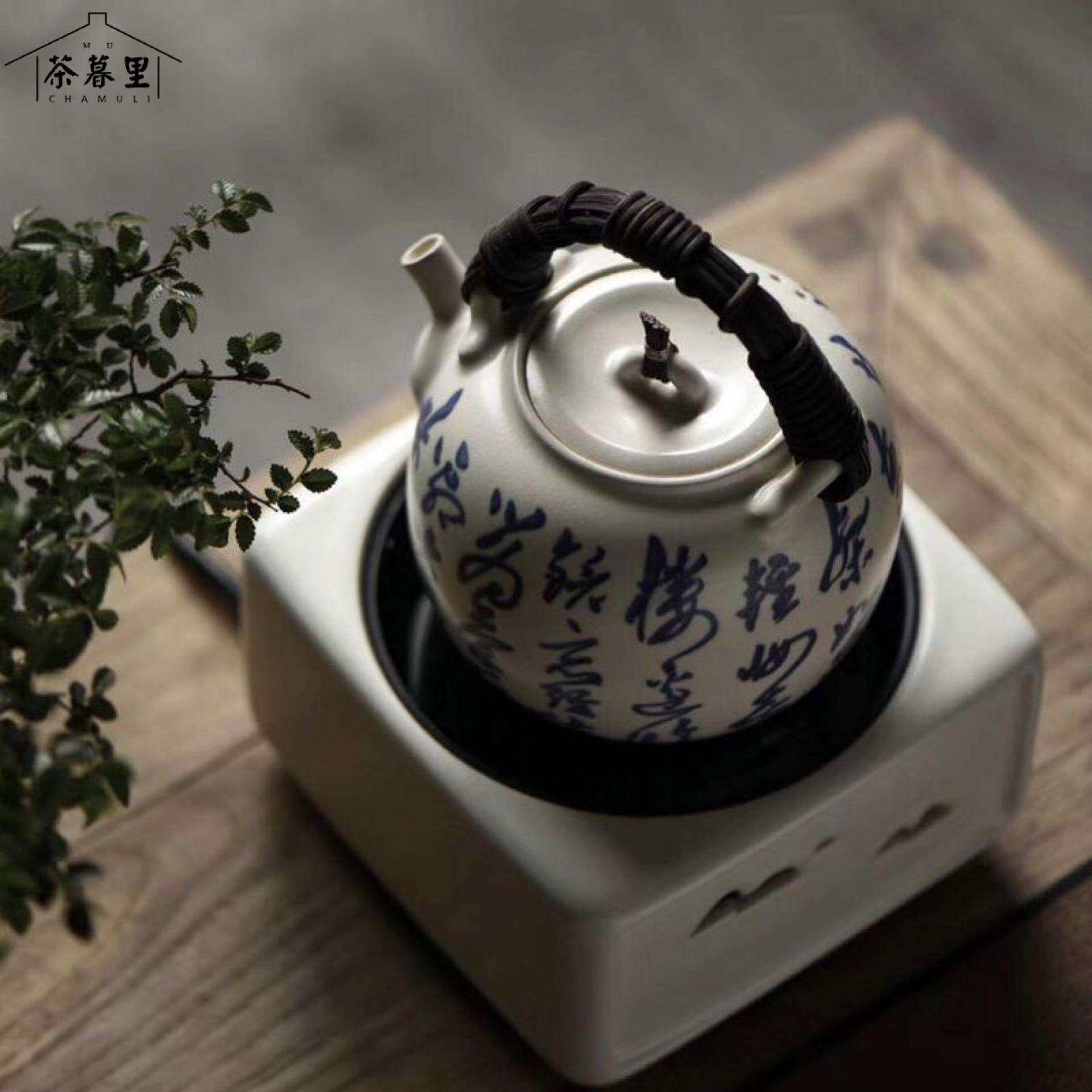 梵山堂苏打釉白泥陶壶青花诗文凝白汤沸提梁壶可养开片煮茶壶茶具