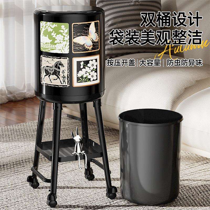 中古风垃圾桶高颜值带盖免弯腰厨房垃圾收纳桶可移动大容量带轮垃