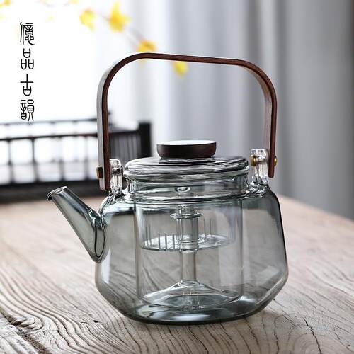 亿品古韵胡桃木斜提梁蒸煮一体玻璃茶壶加厚家用过滤电陶炉烧水壶