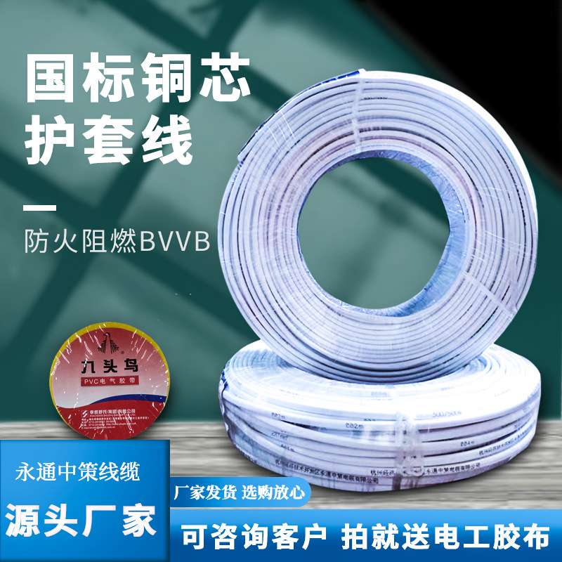 杭缆国标电线BVVB2*6硬护套铜芯电线现货直发家装明线100米
