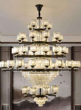 新中式别墅客厅水晶吊灯自建房复式楼客厅主灯黑色百搭复古中山灯