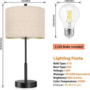 台灯卧室床头LED小夜灯插电触摸可调节亮度USB充电ebay