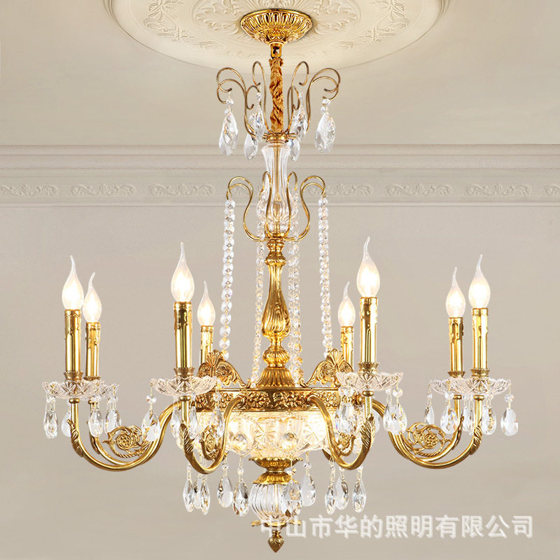 欧式全铜水晶吊灯别墅客厅灯简欧温馨餐厅灯大气楼梯家用卧室灯具