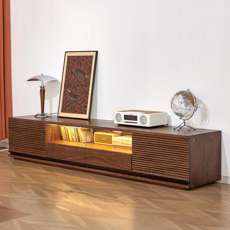 北美黑胡桃木电视柜2024新款带灯全实木落地柜现代简约轻奢视听柜