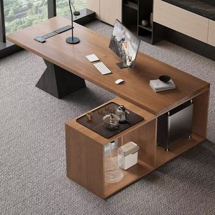 实木办公桌茶桌一体两用大班台办公室老板桌书桌轻奢高级感新中式