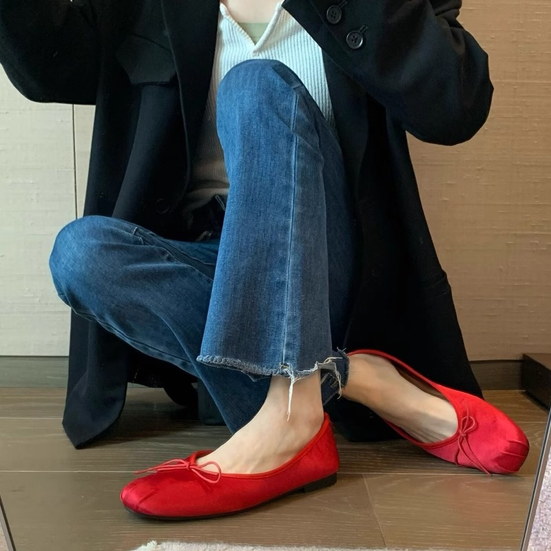 巨显白!复古红色蝴蝶结浅口平底芭蕾舞鞋婚鞋法式气质单鞋配裙子