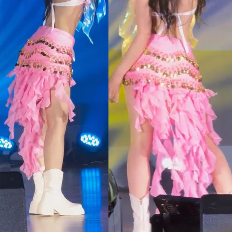 埃及摇臀巾国风爵士舞蹈服酒吧gogo演出服九尾狐亮片流苏粉色尾纱