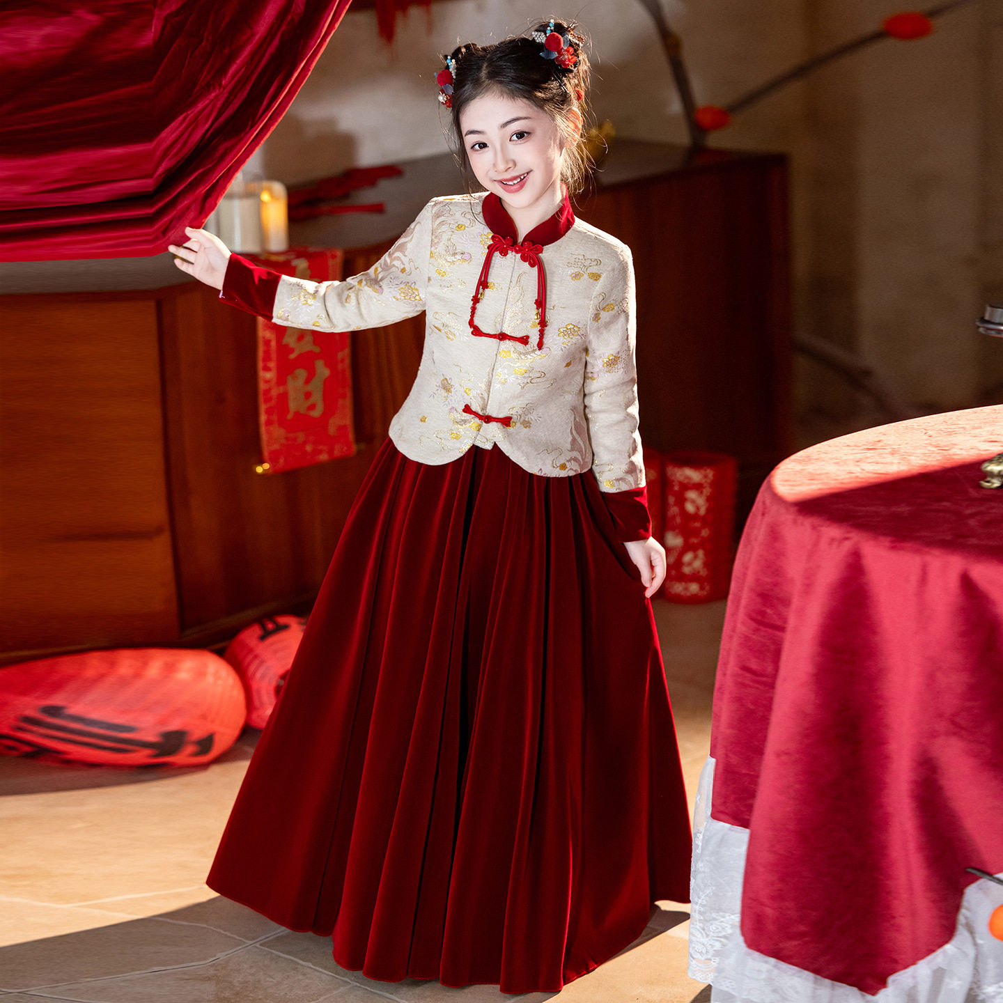 女童汉服冬装过年拜年服新中式国风儿童唐装喜庆新年衣服冬季套装