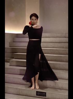 新款现代舞演出服古典致命情人舞蹈服黑色弹力修身练功服半身裙女