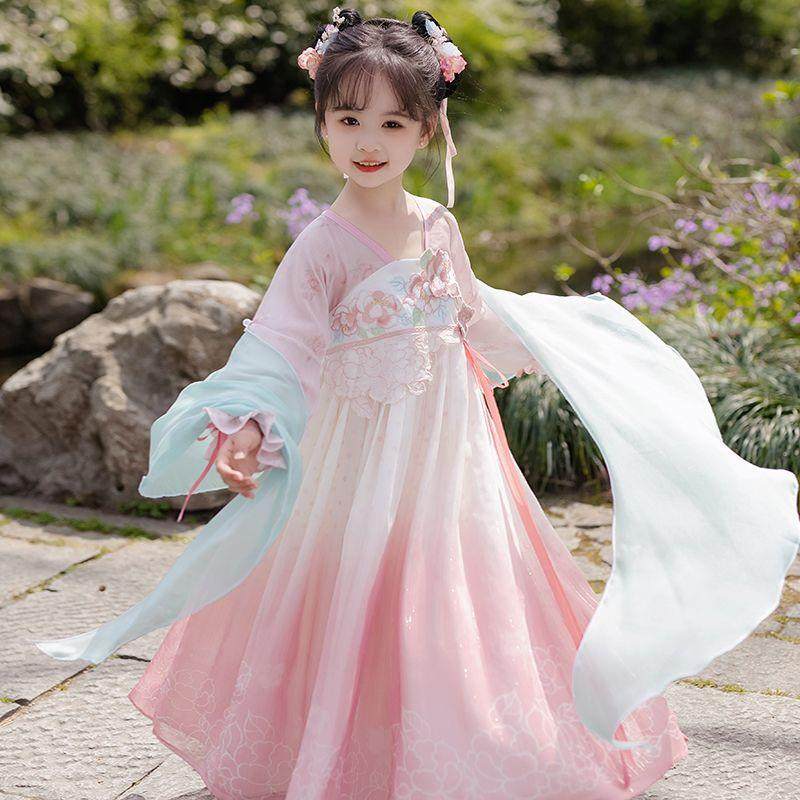 蔷薇虎虎汉服女童春夏款儿童古装超仙粉古风襦裙中国风唐装连衣裙