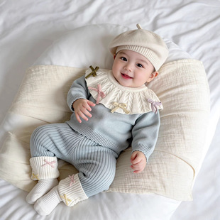 26春季新0-2岁婴幼儿针织毛线衣服开衫二件套荷叶花边领可爱衣服