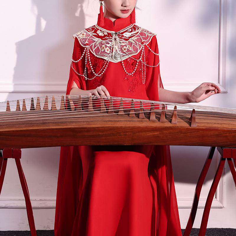 女童高端古筝演出服儿童成人钢琴长款飘逸云肩表演礼服中国红超仙