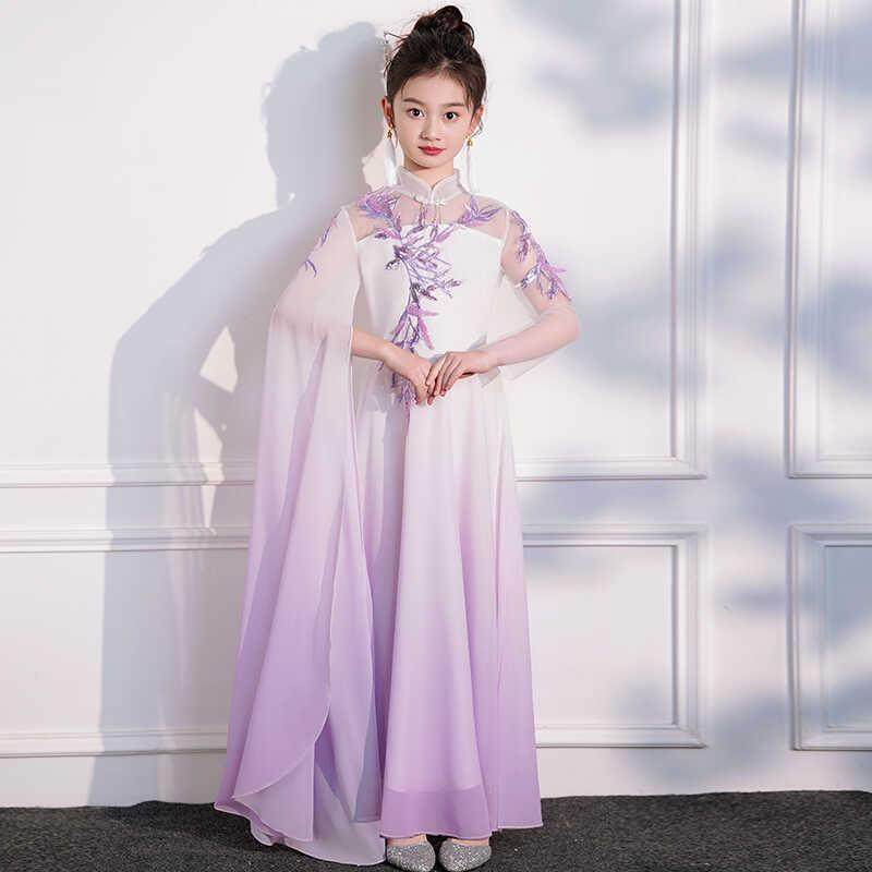 女童古筝演出服中国风紫色飘逸袖合唱服比赛检定考试表演钢琴演奏