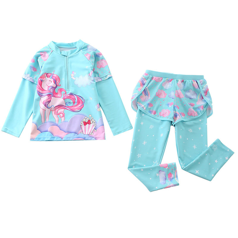 儿童泳衣女女童分体中大童游泳衣长袖长裤花网布短裤潜水泳装