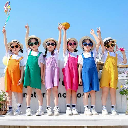 六一男女儿童糖果彩色背带长裤套装多巴胺舞蹈合唱啦啦队演出班服