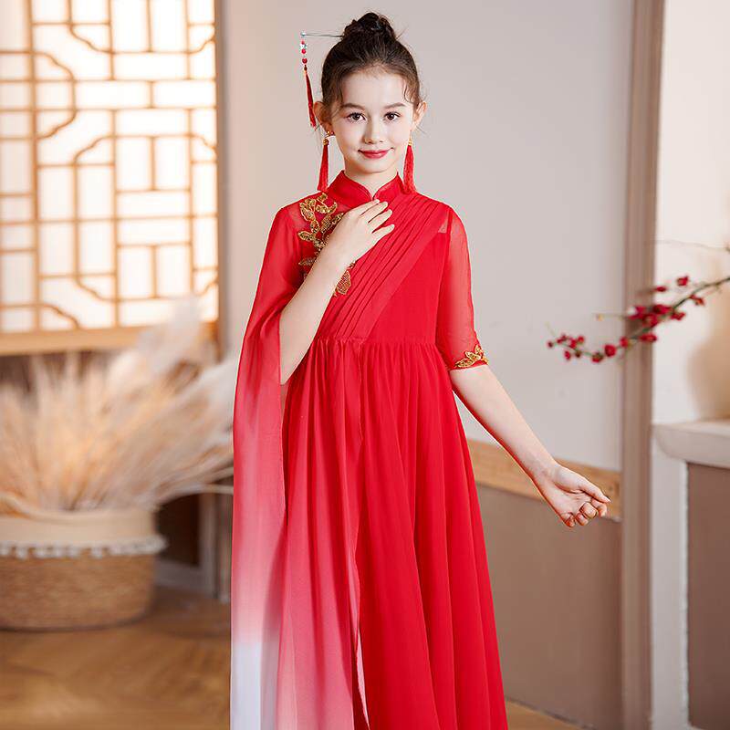 古筝表演服装女童中国风儿童演奏比赛礼服合唱朗诵艺考演出服冬季