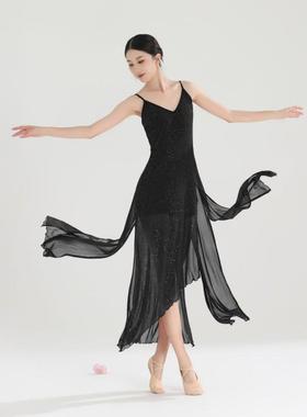 黑色复古爵士舞裙吊带舞蹈连衣裙女闪光长裙性感Jazz百老汇国风