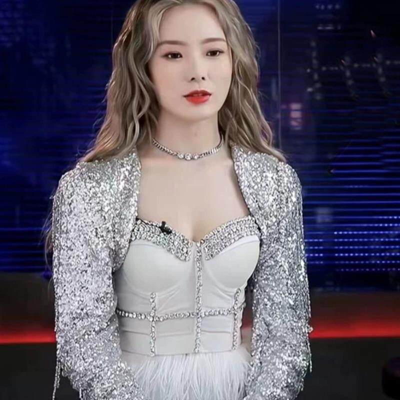 陈卓毅同款亮片火鸡羽毛白色裹胸表演服Gogo爵士领舞歌手演唱服