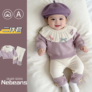 2026春女婴儿针织毛线衣服+裤子套装荷叶领花边公主套装女宝衣服