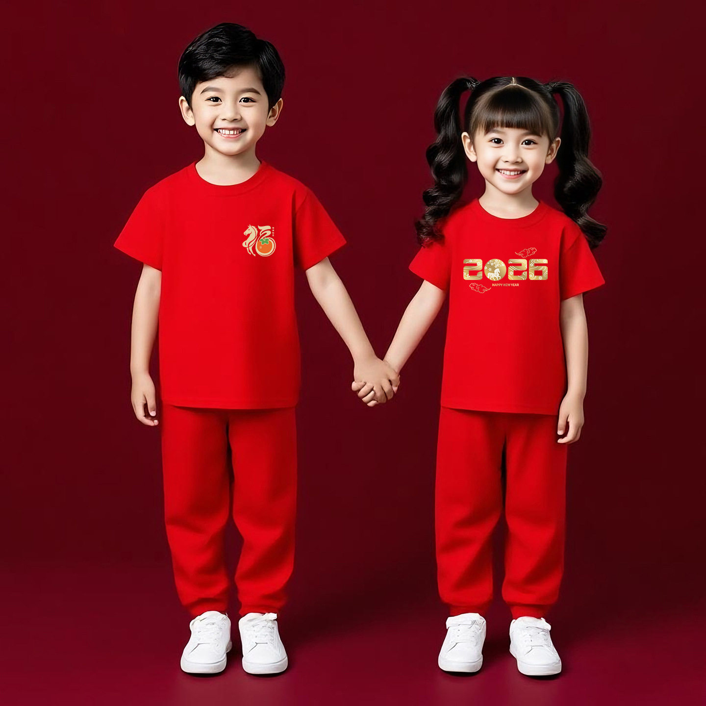 2026马年新年衣服儿童喜庆过年服男童红色短袖长裤套装女童拜年服