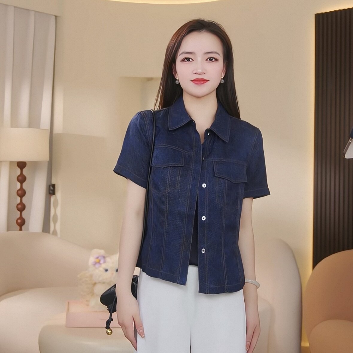【贺贺Hehe】锦月丝府桑蚕丝桑波缎红云纱仿牛仔小个子上衣86E779
