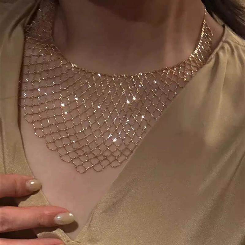 编织网纹蕾丝花边宽项链时髦女镀18k金闪光宴会轻奢配饰礼物