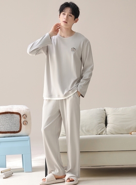 100%纯棉睡衣男春秋季中青少年男士长袖薄款可外穿格子家居服套装