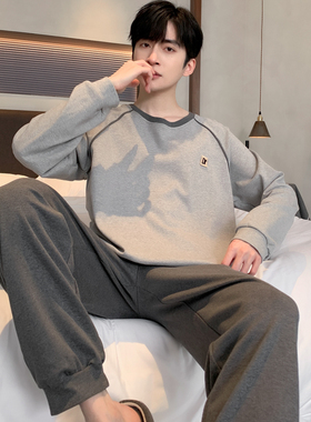 纯棉睡衣男春秋季长袖青少年秋天男款100%全棉可外穿家居服套装