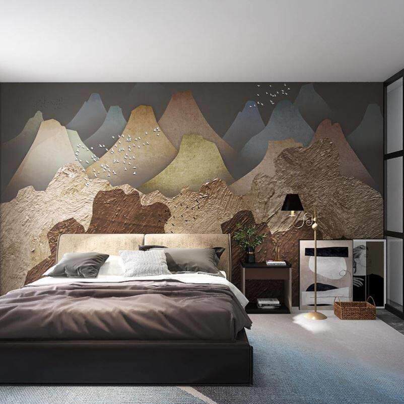 新款直销新中式金色山水墙纸客厅茶室卧室背景壁画餐厅包间养生馆