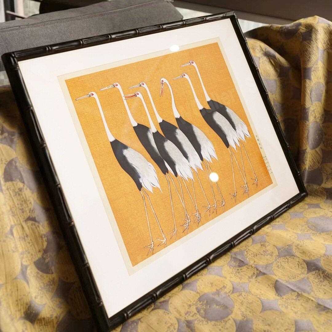 新款直销日式群鹤图装饰画餐厅卧室床头复古竹节框挂画新中式中古