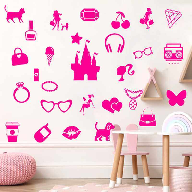 新款直销粉色芭比女孩卧室粉色墙面装饰壁纸可移除PVC书房墙贴自,家居饰品,软装墙贴,淘宝优惠券,粉丝福利购,淘宝优惠卷