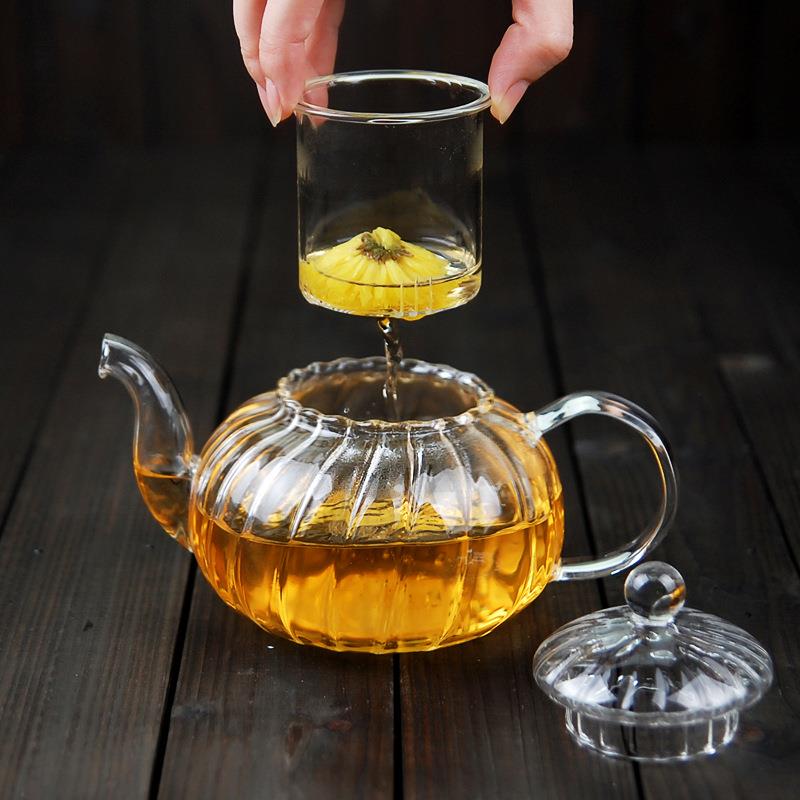 新款直销透明烧水壶透明玻璃带把茶壶条纹南瓜壶硼硅玻璃功夫茶具