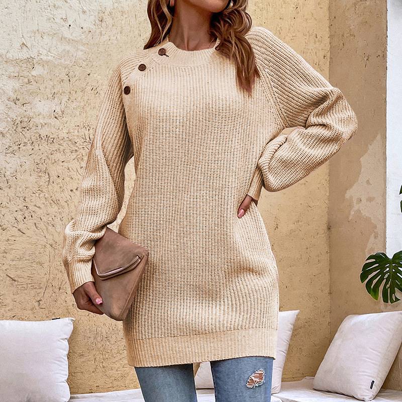 Solid colour button knit dress women lantern sleeve jumper w