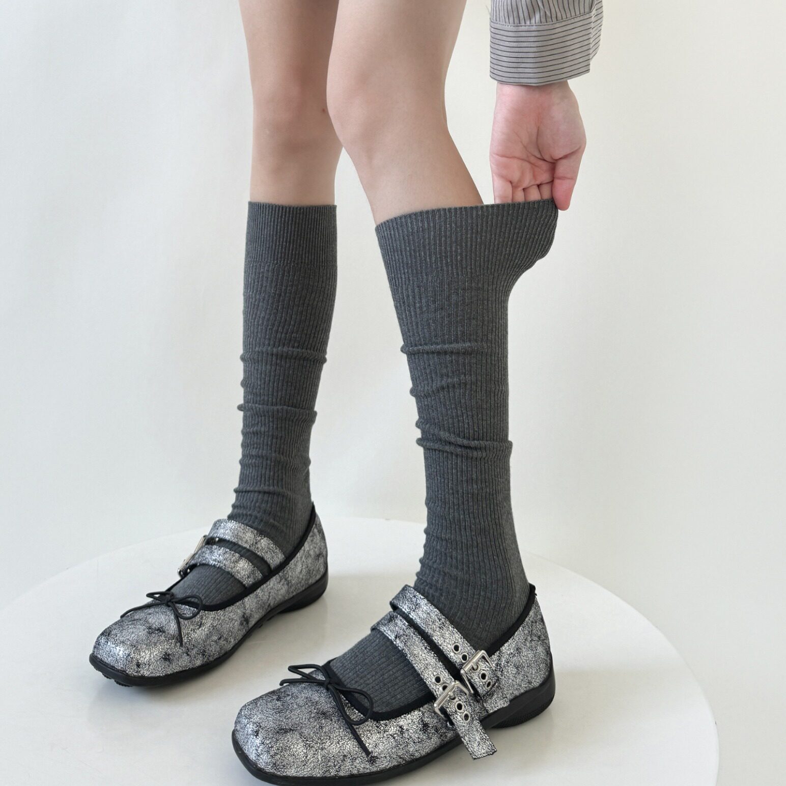 日系JK袜子奶白竖条纹小腿袜春秋显瘦压力堆堆袜灰色棉薄款中筒袜