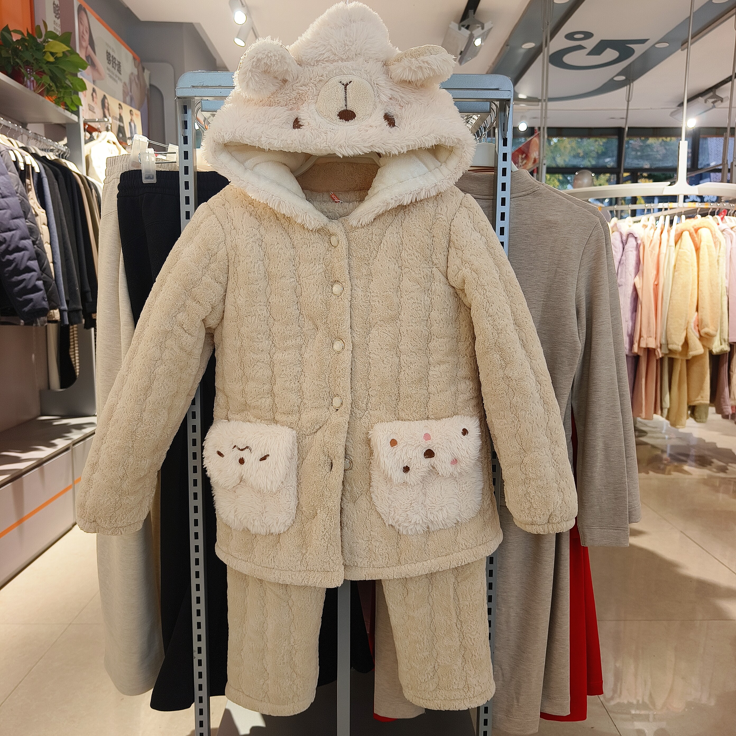 香蜜闺秀女士家居服可爱款中款夹棉开扣连帽可外穿睡衣套装女冬厚