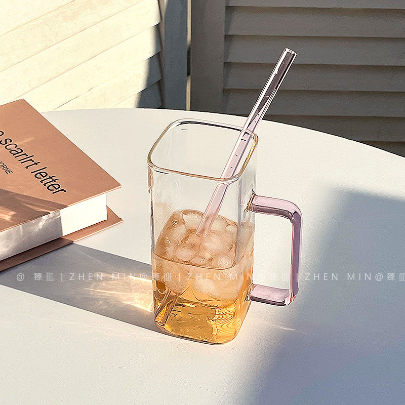 ins风带把吸管方形玻璃杯 果汁饮料杯高颜值喝水杯子女家用耐高温