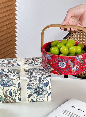 复古红色彼岸花提篮手提果篮陶瓷糖果盘果篮客厅家用送礼乔迁礼物