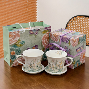 高级感油画风铃花马克杯带盖咖啡杯高档精致陶瓷杯子下午茶女礼物