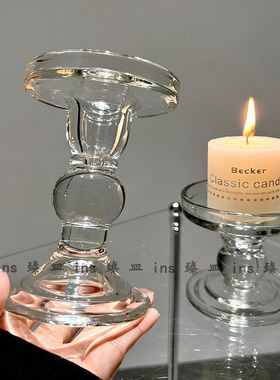 ins透明水晶罗马柱玻璃烛台复古烛光装饰品拍照餐桌浪漫摆件道具