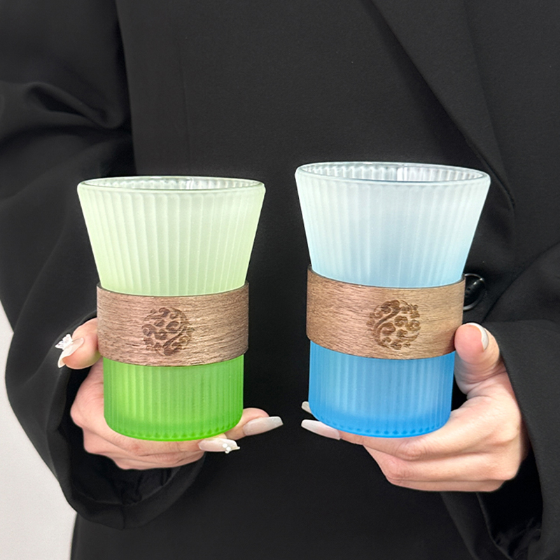 臻皿小众渐变绿竖纹玻璃杯家用喝水杯子高级感轻奢咖啡杯冷饮杯