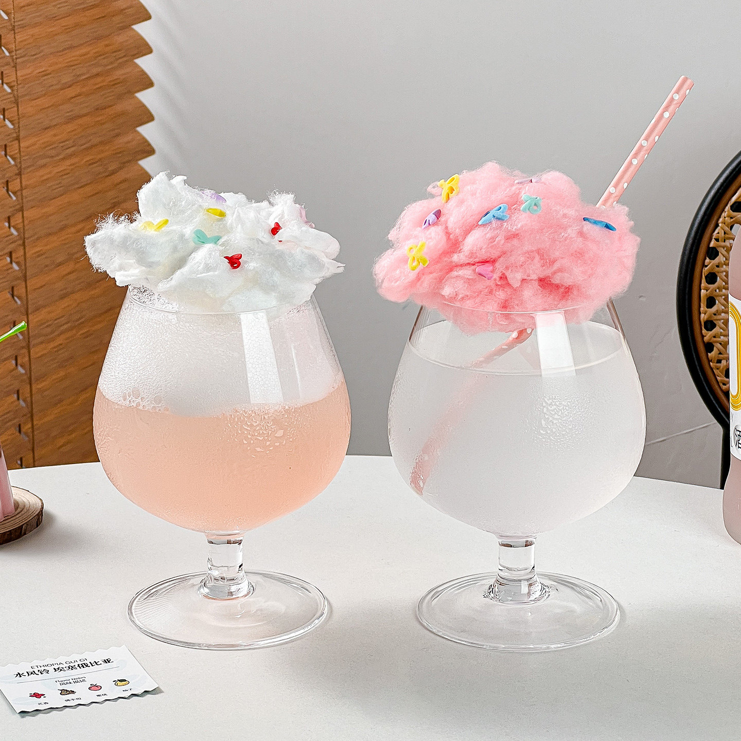 ins风加厚矮脚玻璃杯创意棉花高脚杯家用设计感红酒杯可爱果汁杯
