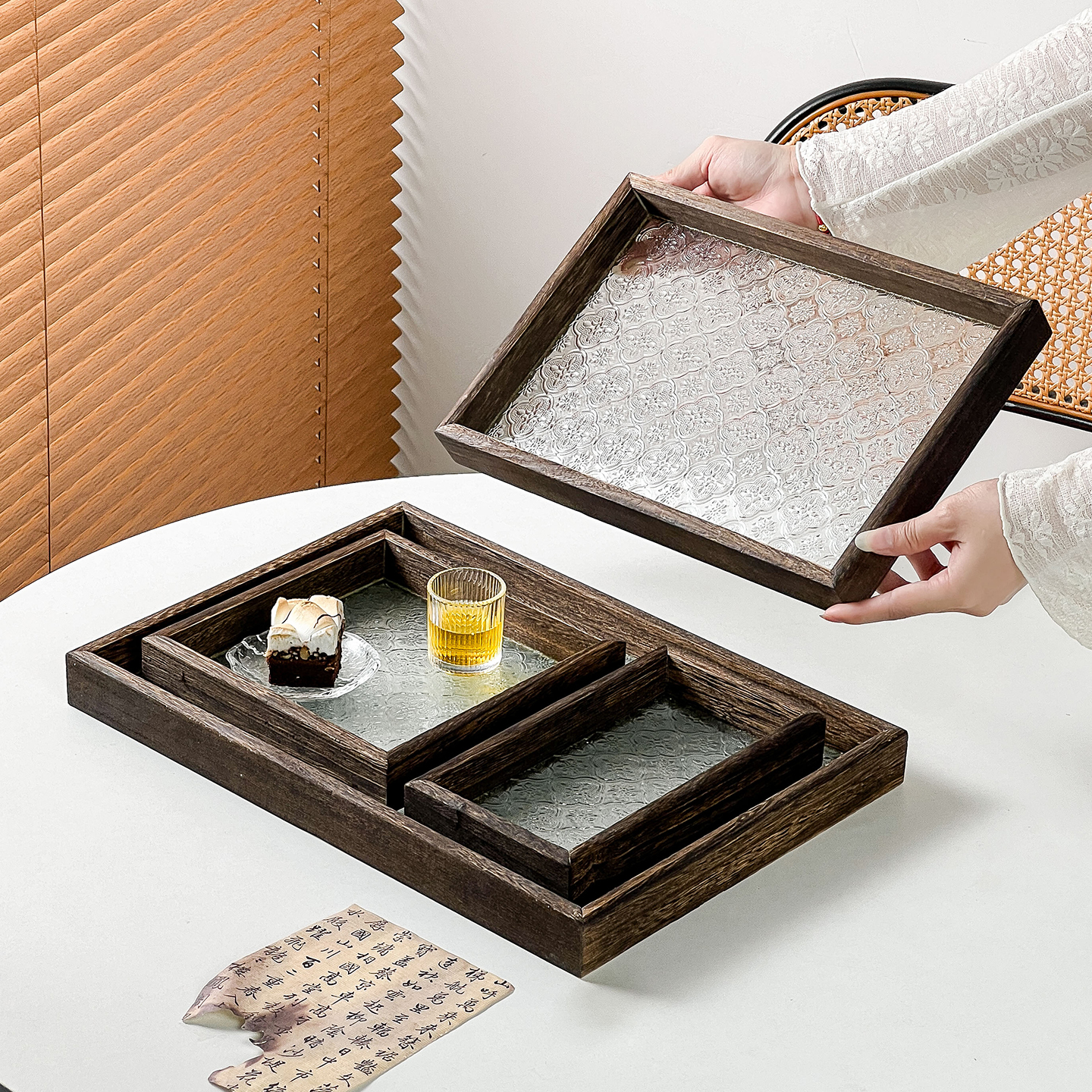 海棠花托盘玻璃茶盘长方形盘子